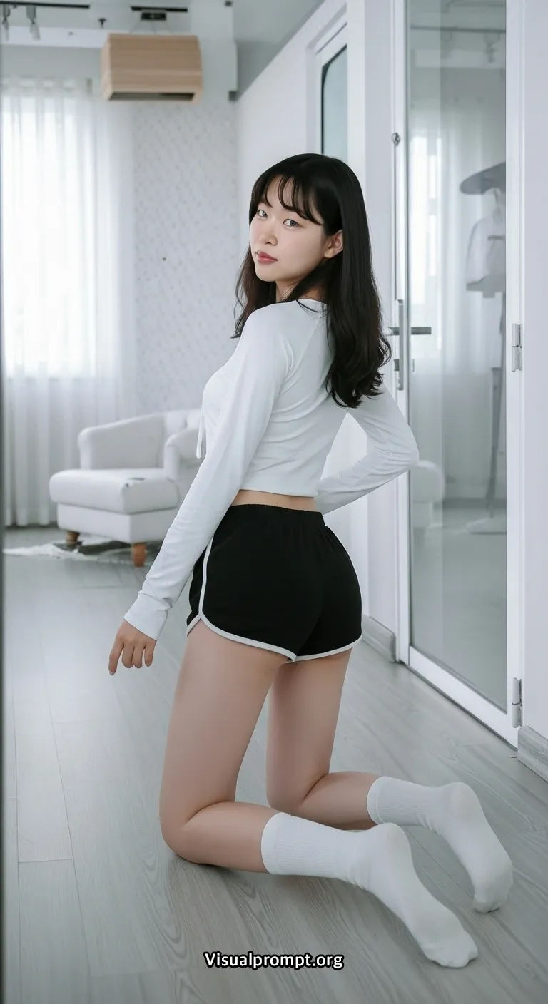 Korean woman gym shorts low angle dutch stretch pose 14