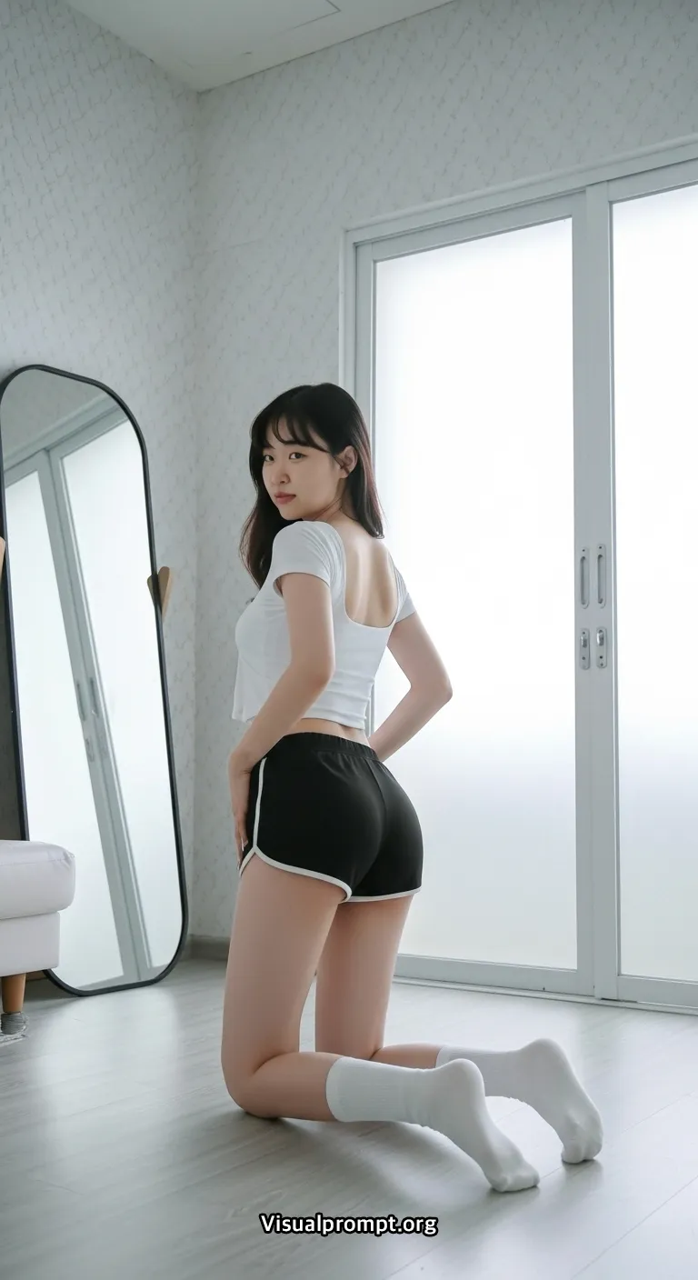 Korean woman gym shorts low angle dutch stretch pose 5