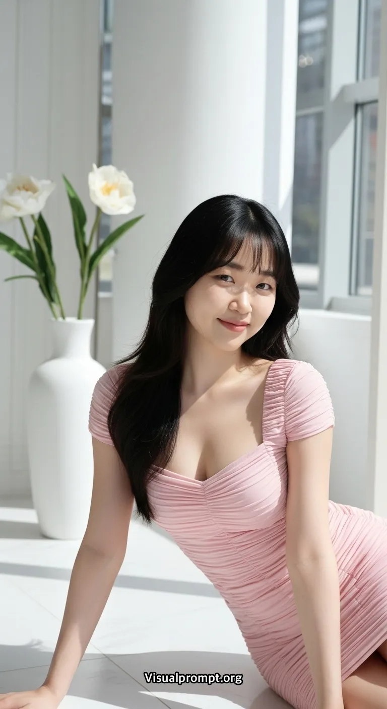 Korean woman pink sheer mini dress low angle s curve pose full body 29