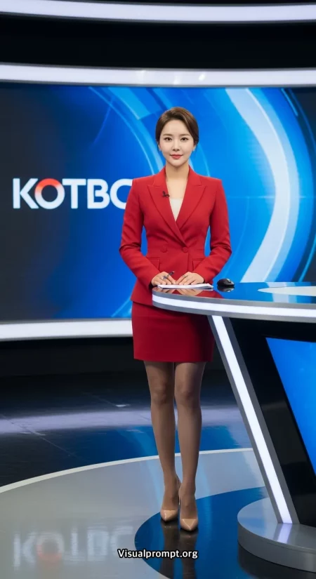 Kotbc news anchor scarlet blazer pencil skirt standing briefing