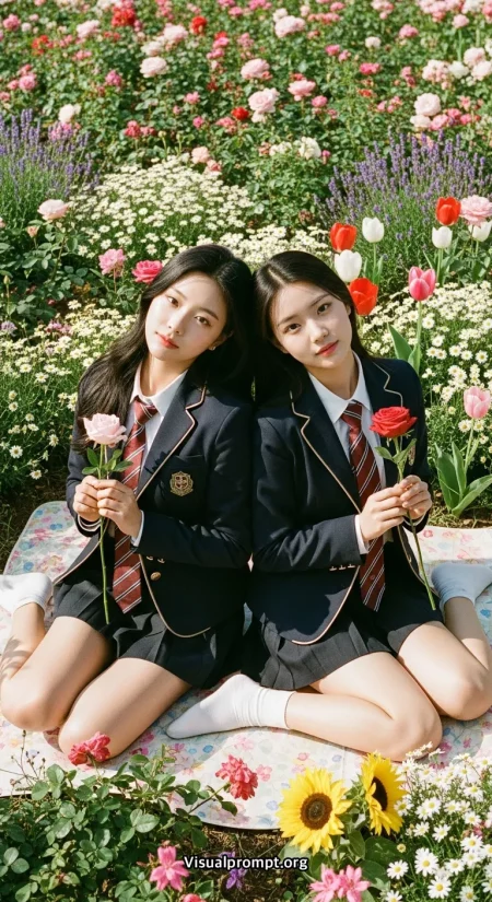 Two korean women school uniform flower field picnic analogue film snap