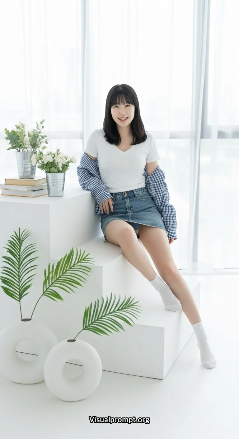 Visualprompt.org white tshirt denim skirt studio snap 1