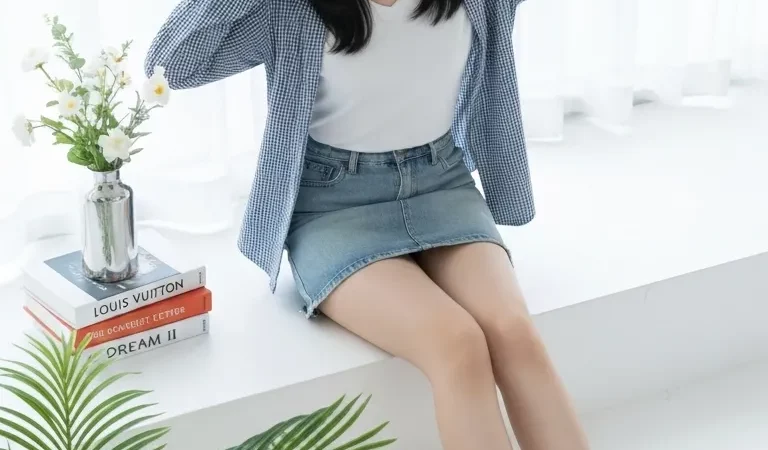 Visualprompt.org white tshirt denim skirt studio snap 19