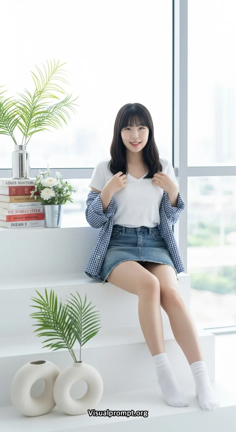 Visualprompt.org white tshirt denim skirt studio snap 2