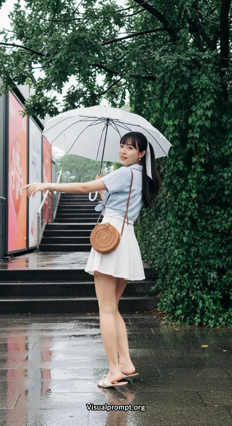 Visualprompt.org woman crop shirt mini skirt rainy urban shot 11