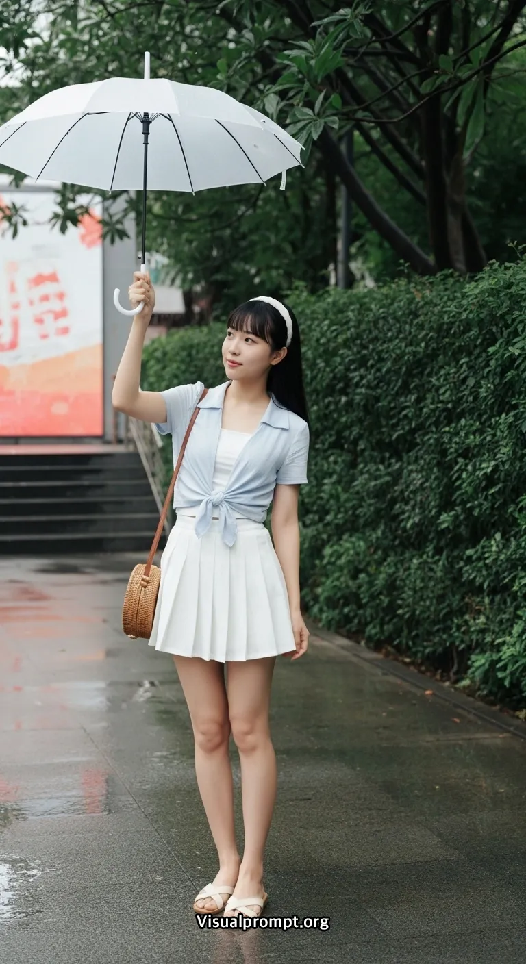 Visualprompt.org woman crop shirt mini skirt rainy urban shot 12