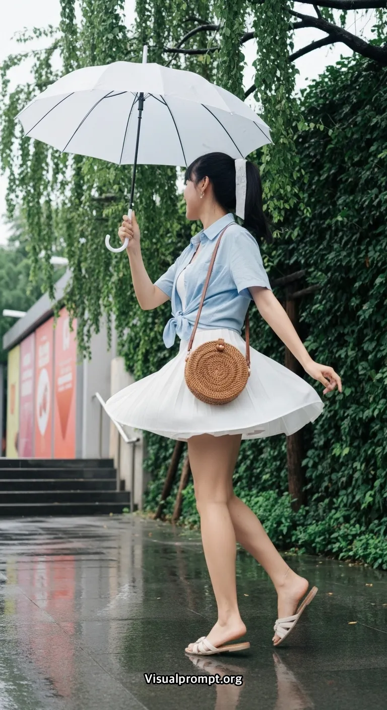Visualprompt.org woman crop shirt mini skirt rainy urban shot 13