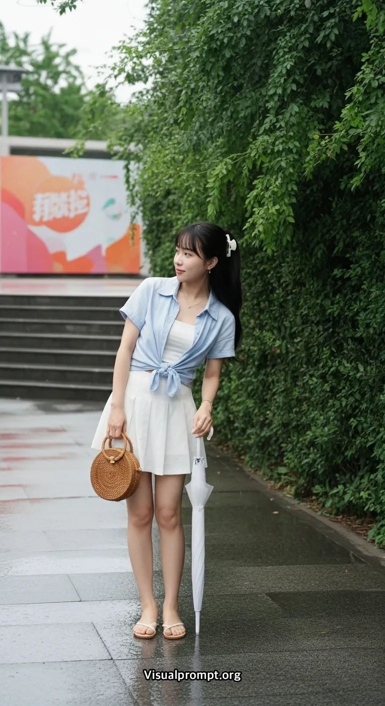 Visualprompt.org woman crop shirt mini skirt rainy urban shot 14