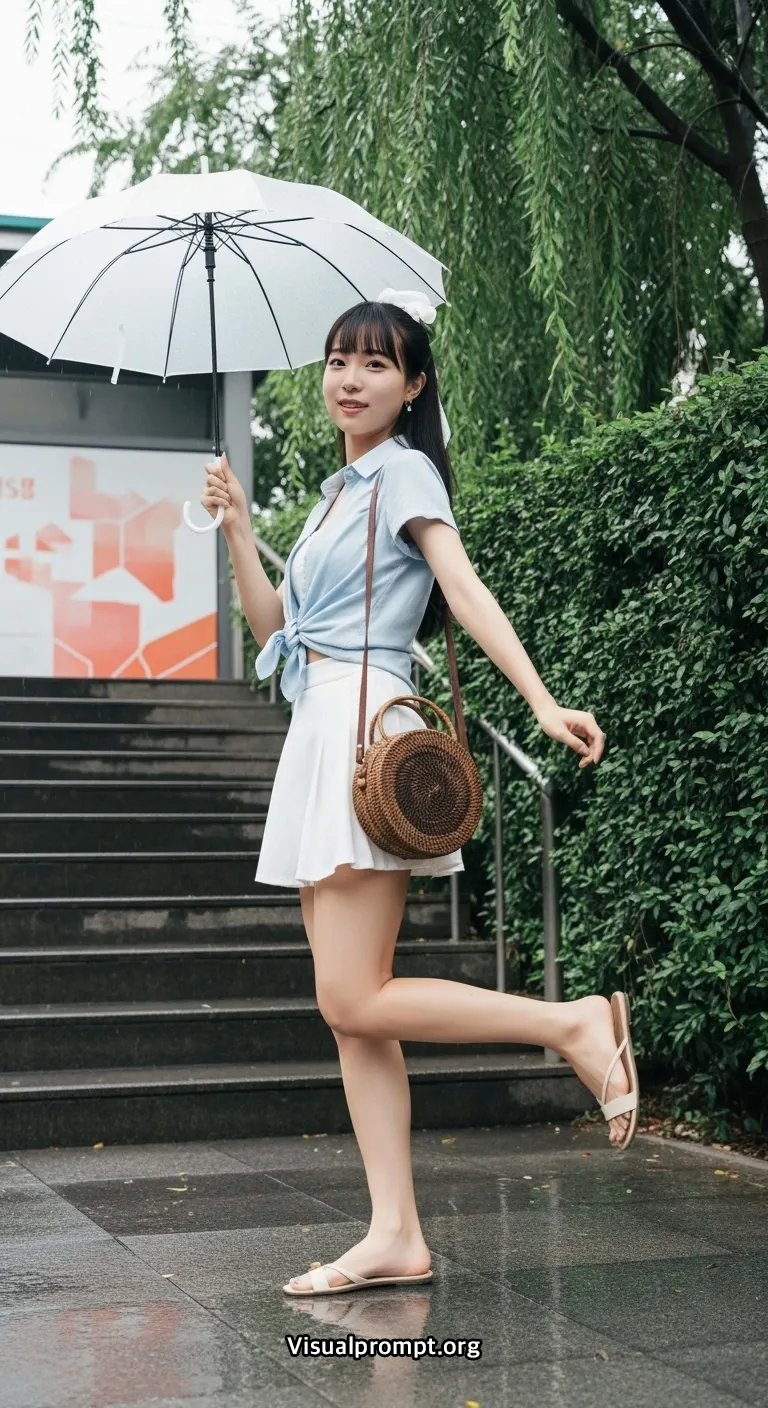 Visualprompt.org woman crop shirt mini skirt rainy urban shot 18