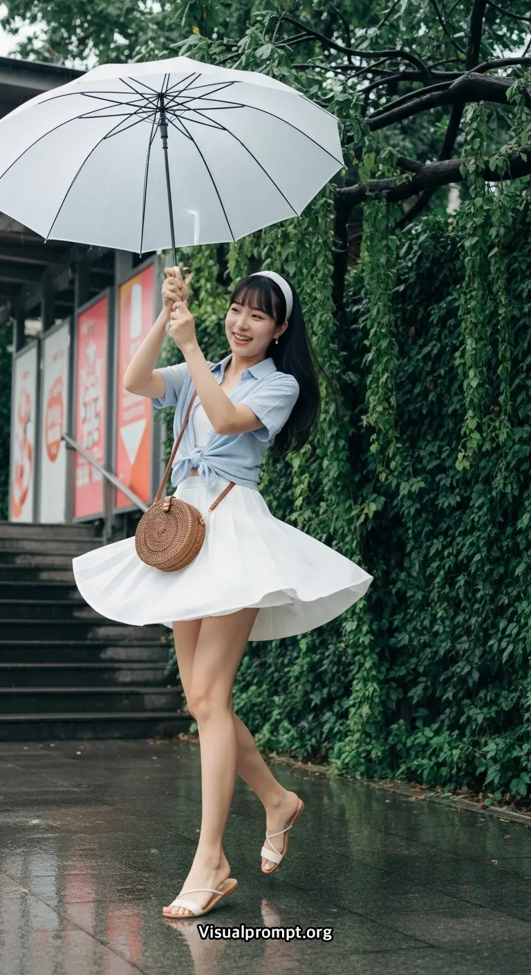 Visualprompt.org woman crop shirt mini skirt rainy urban shot 2