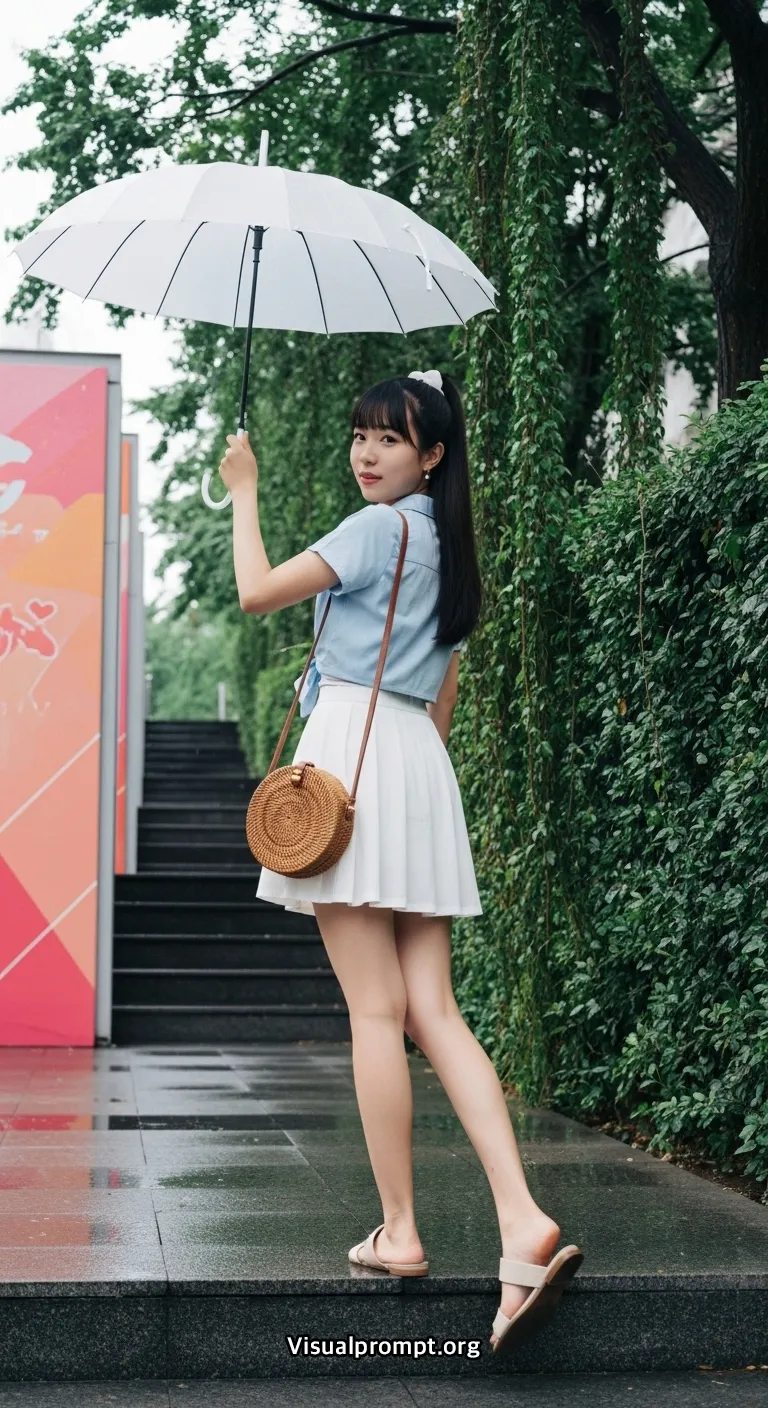 Visualprompt.org woman crop shirt mini skirt rainy urban shot 20