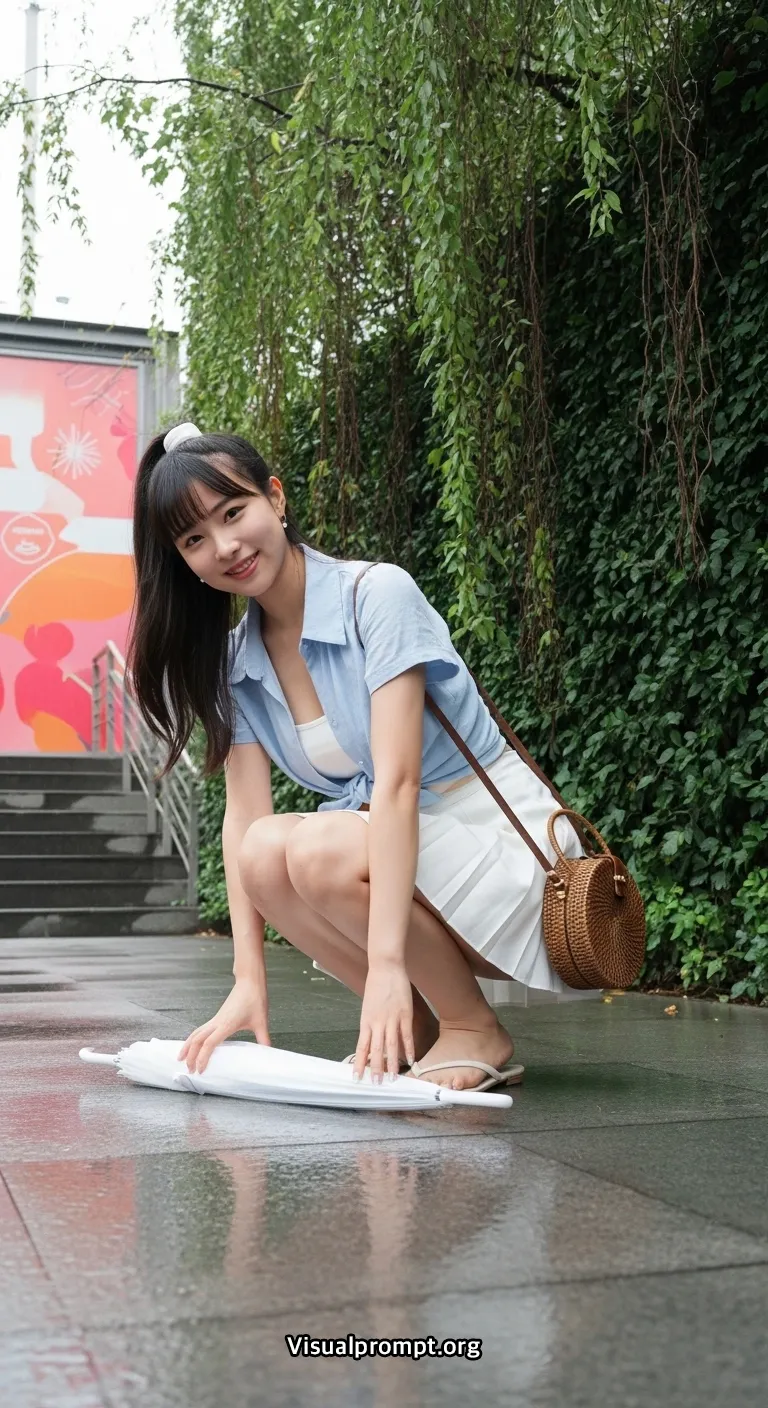 Visualprompt.org woman crop shirt mini skirt rainy urban shot 21