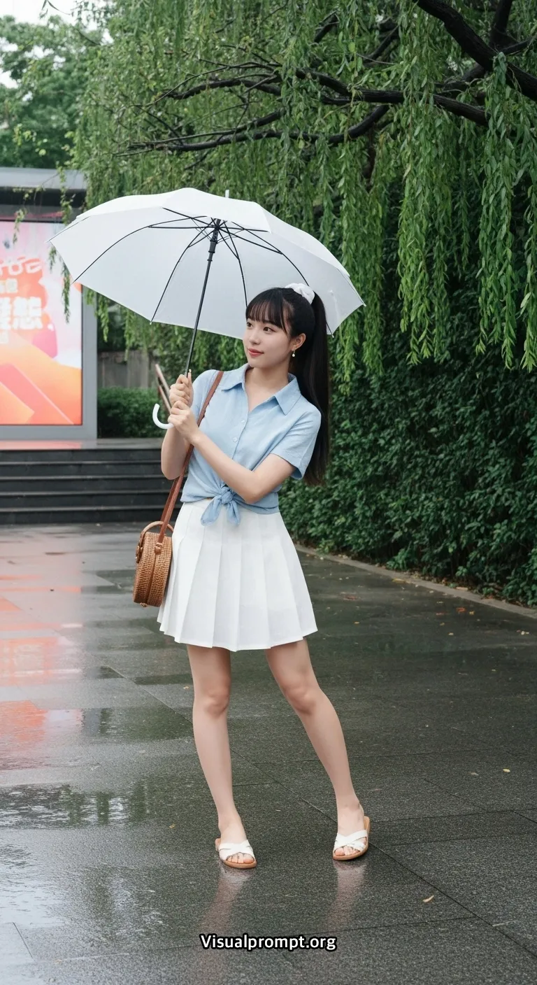 Visualprompt.org woman crop shirt mini skirt rainy urban shot 23