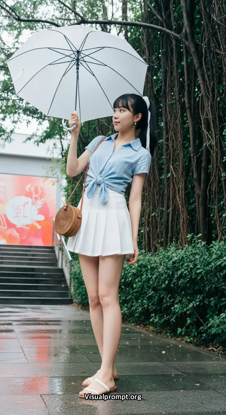 Visualprompt.org woman crop shirt mini skirt rainy urban shot 27