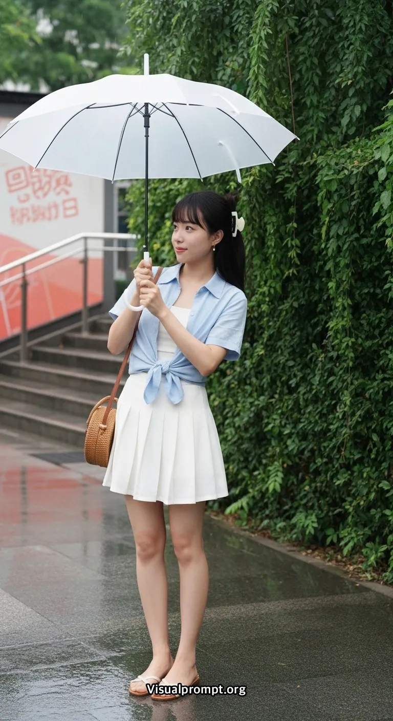 Visualprompt.org woman crop shirt mini skirt rainy urban shot 28