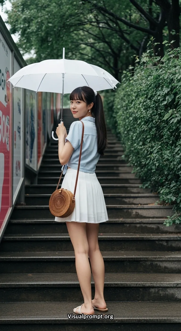Visualprompt.org woman crop shirt mini skirt rainy urban shot 3