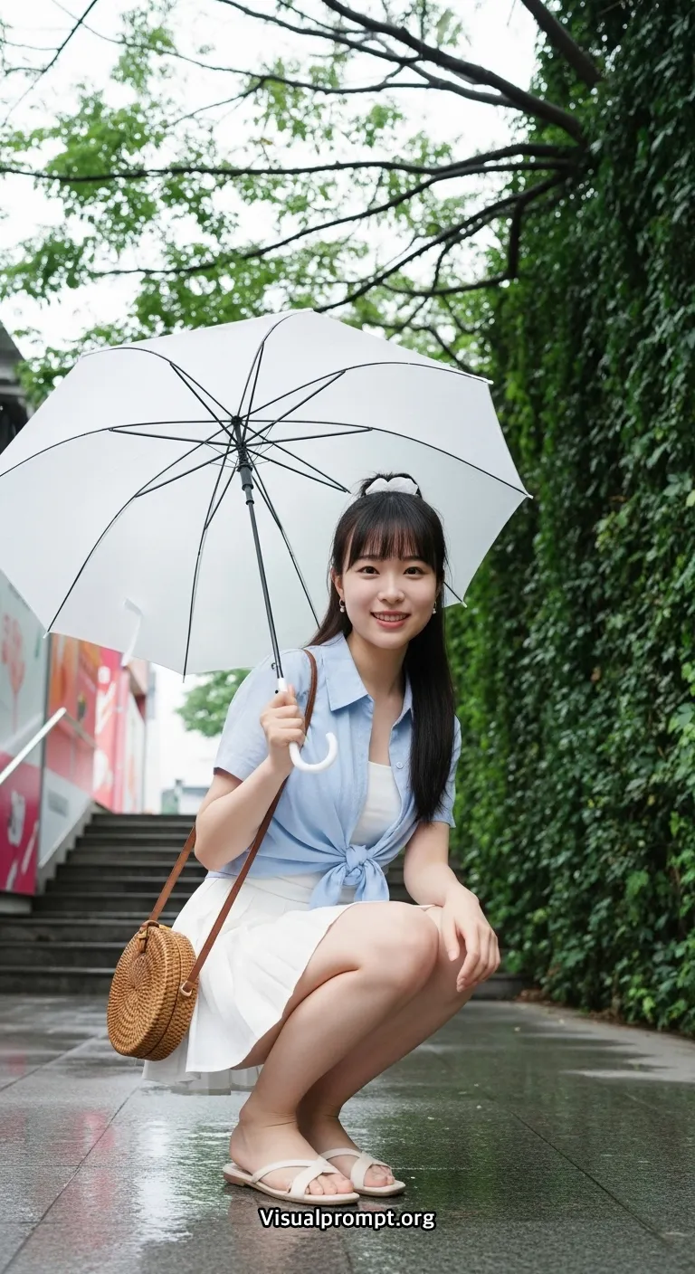 Visualprompt.org woman crop shirt mini skirt rainy urban shot 4