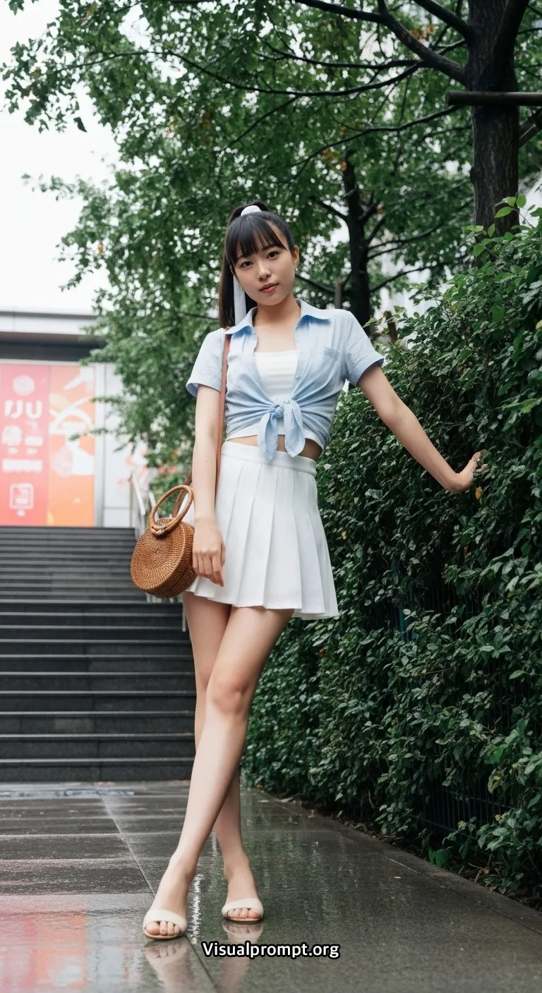 Visualprompt.org woman crop shirt mini skirt rainy urban shot 5