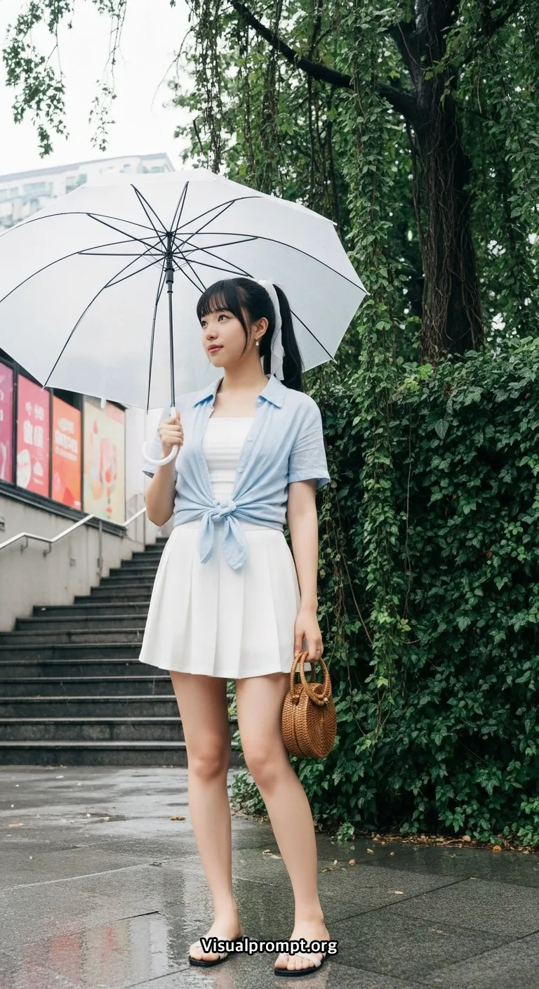 Visualprompt.org woman crop shirt mini skirt rainy urban shot 6