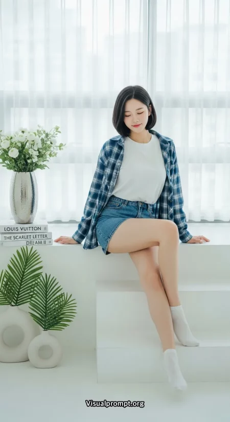 Woman denim skirt white tshirt indoor portrait