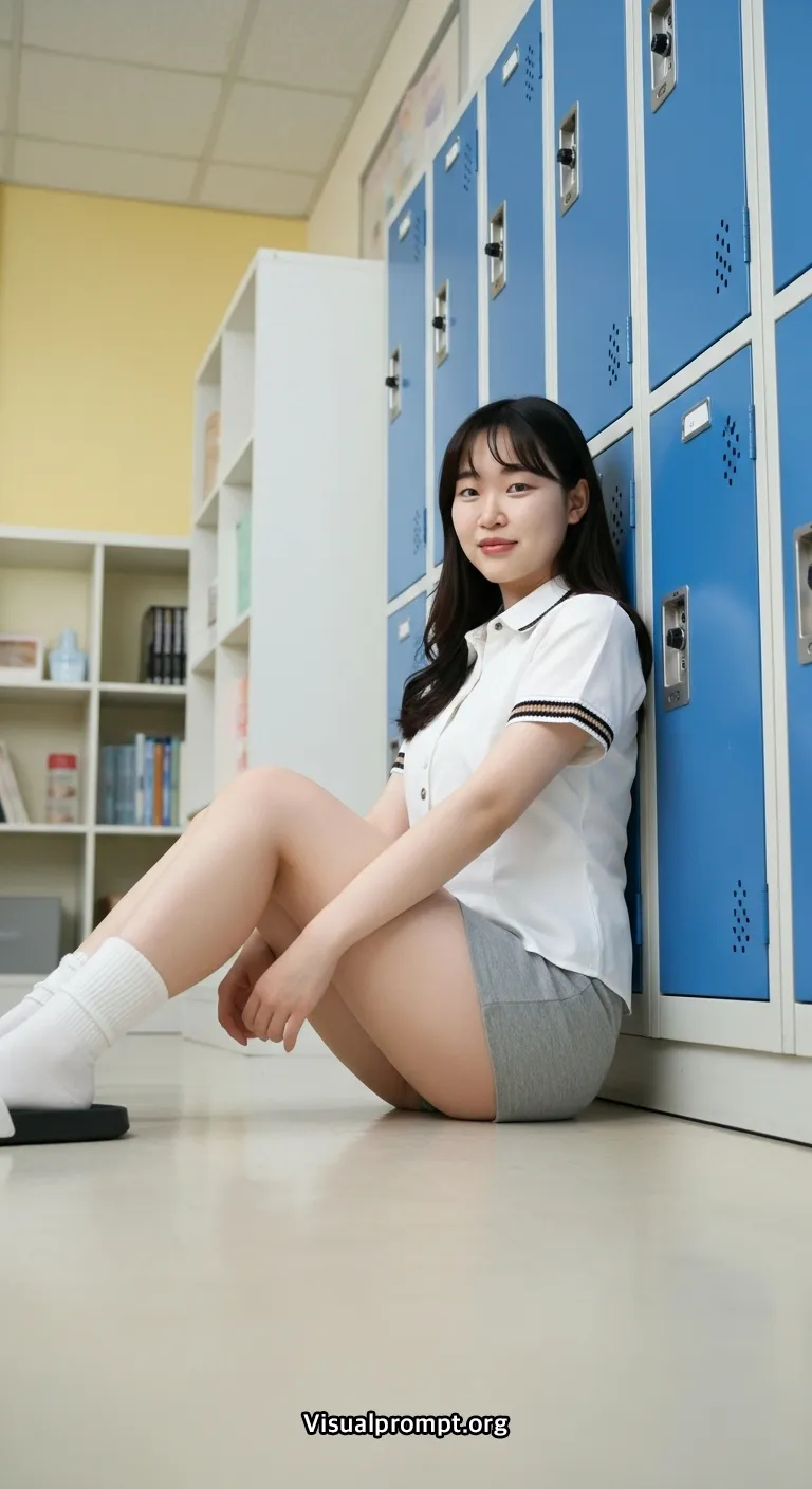 Woman pencil mini skirt reclined locker pose 3