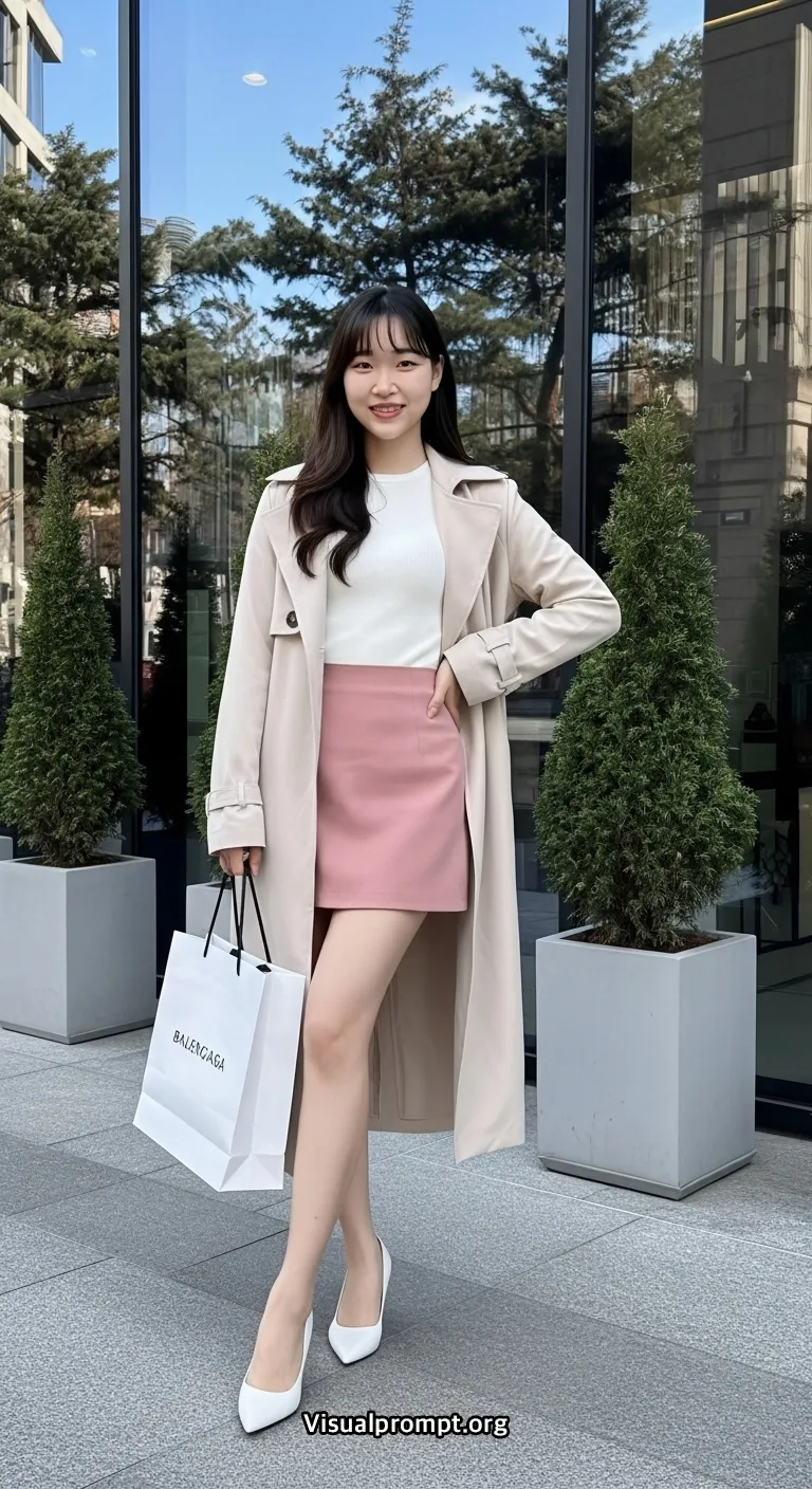 Woman pink mini skirt white top dynamic pose city outdoor 1