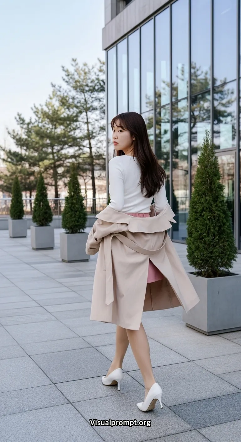Woman pink mini skirt white top dynamic pose city outdoor 10