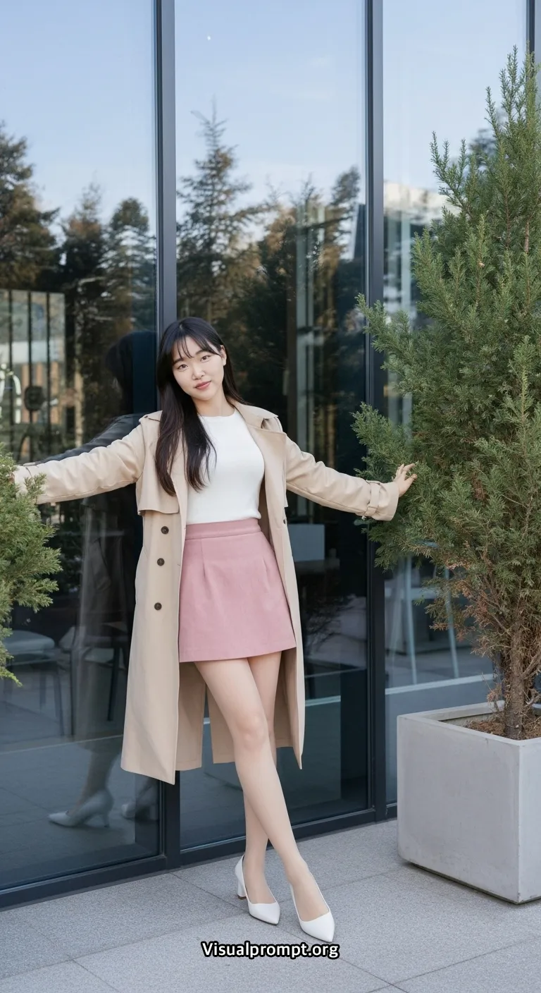 Woman pink mini skirt white top dynamic pose city outdoor 11