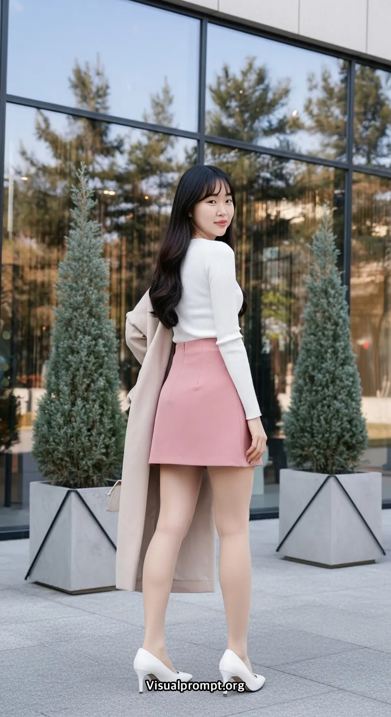 Woman pink mini skirt white top dynamic pose city outdoor 14