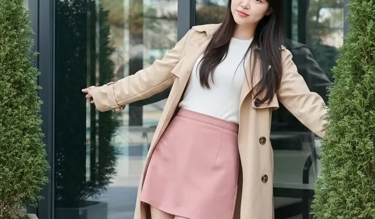 Woman pink mini skirt white top dynamic pose city outdoor 17