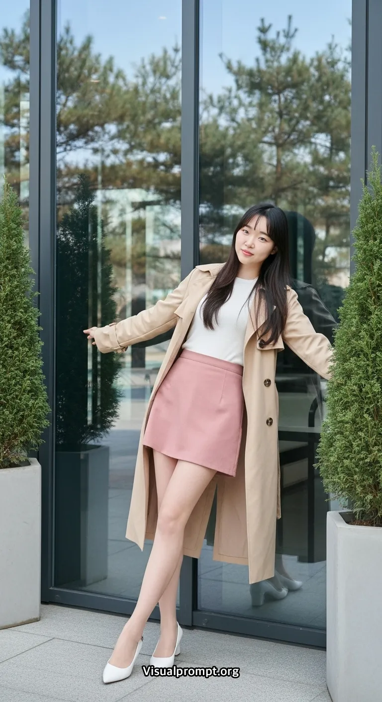 Woman pink mini skirt white top dynamic pose city outdoor 17