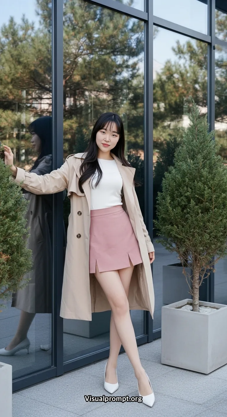 Woman pink mini skirt white top dynamic pose city outdoor 18