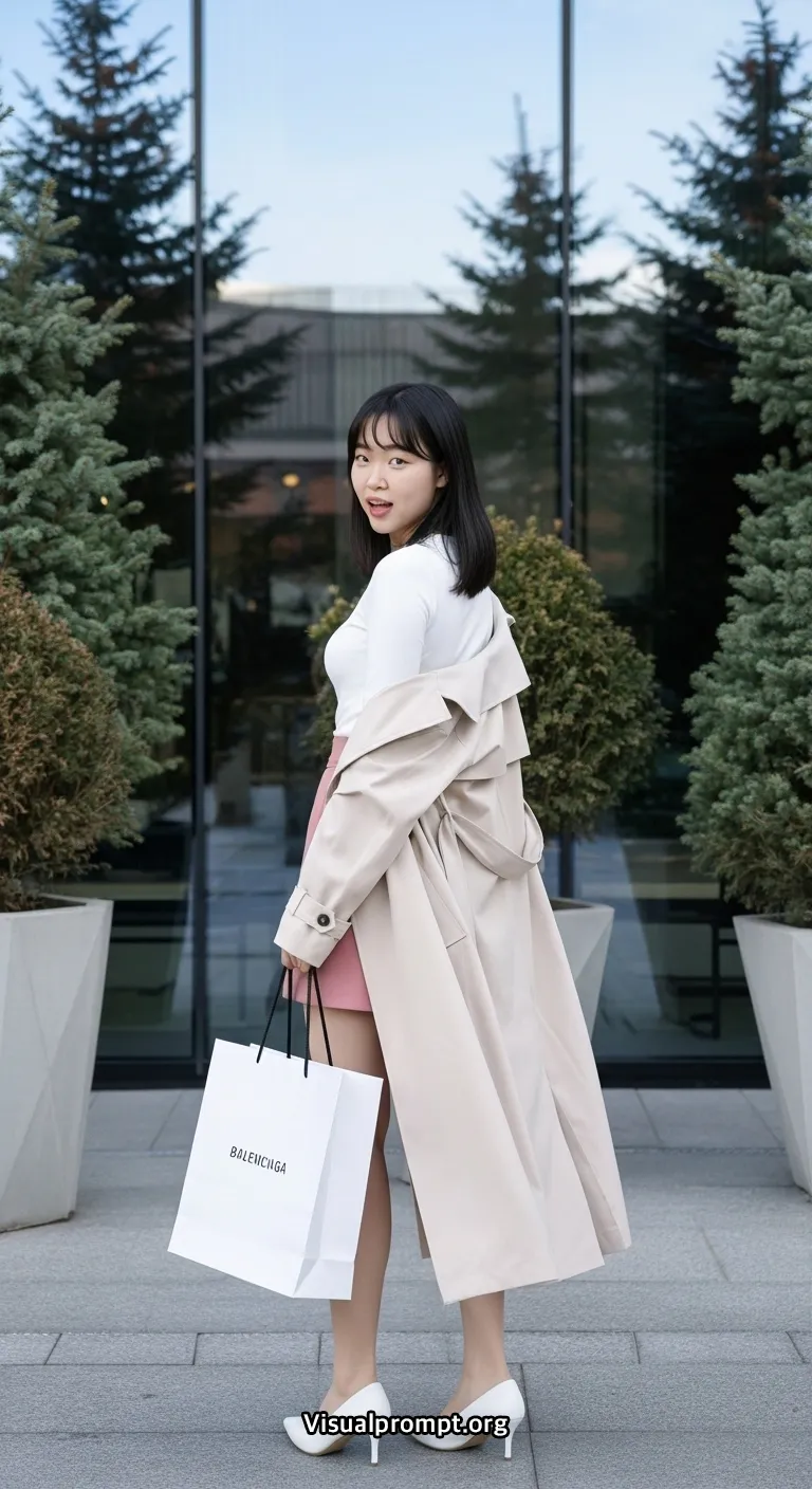 Woman pink mini skirt white top dynamic pose city outdoor 20