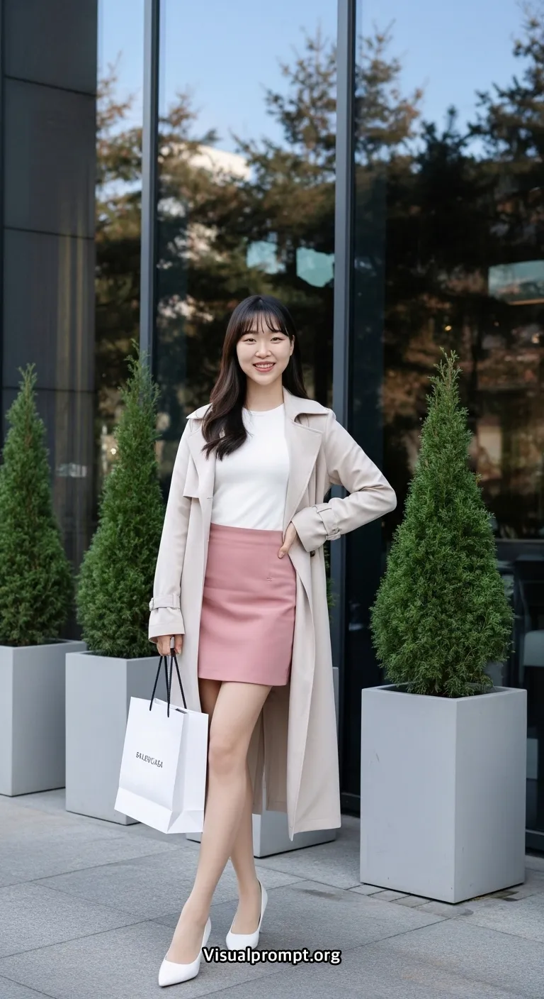 Woman pink mini skirt white top dynamic pose city outdoor 21