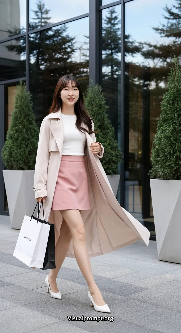 Woman pink mini skirt white top dynamic pose city outdoor 22