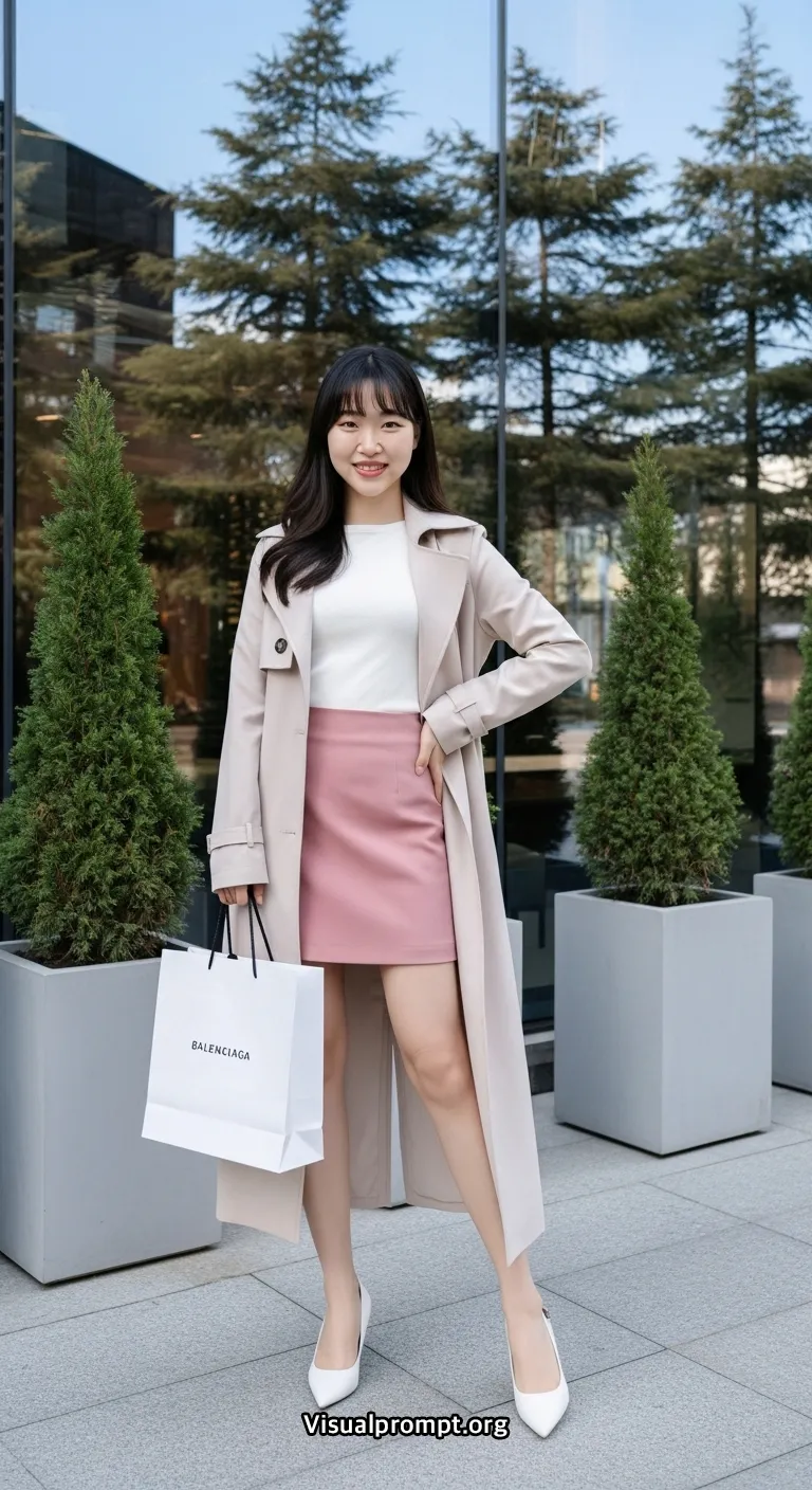 Woman pink mini skirt white top dynamic pose city outdoor 23