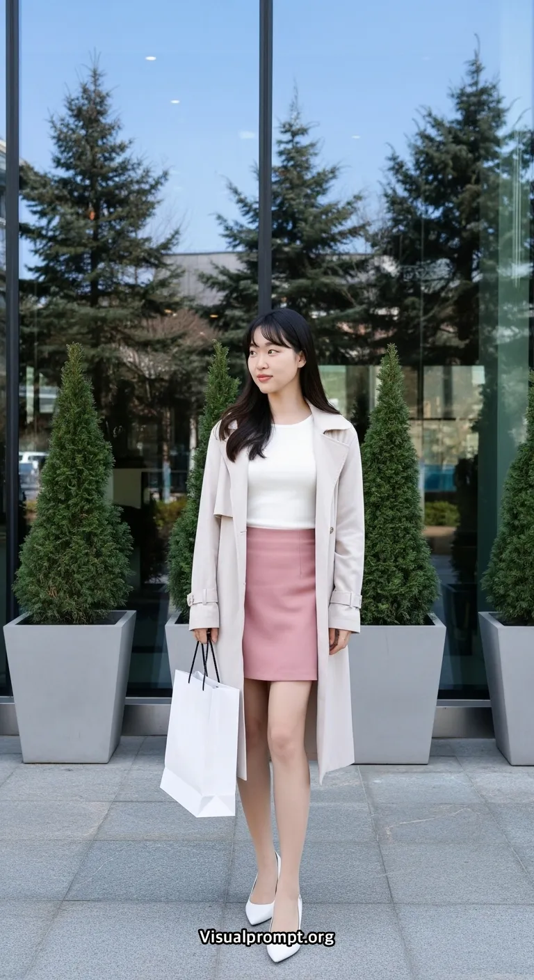 Woman pink mini skirt white top dynamic pose city outdoor 24