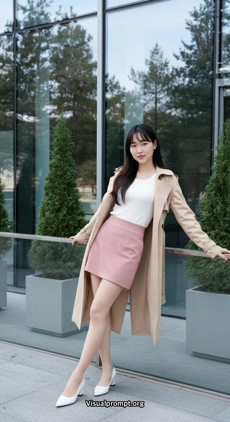 Woman pink mini skirt white top dynamic pose city outdoor 27