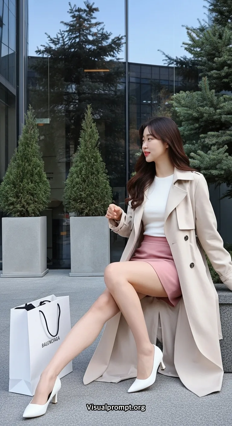 Woman pink mini skirt white top dynamic pose city outdoor 3
