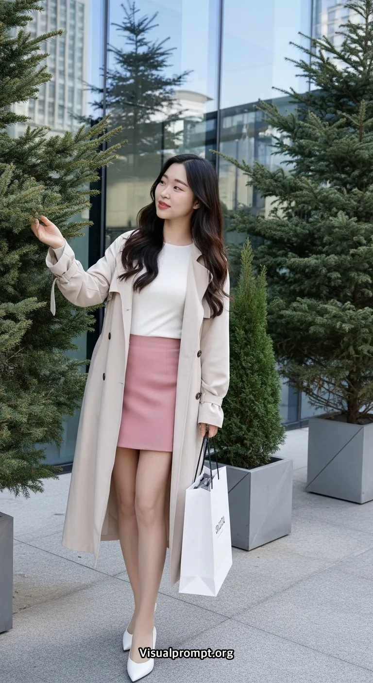 Woman pink mini skirt white top dynamic pose city outdoor 4