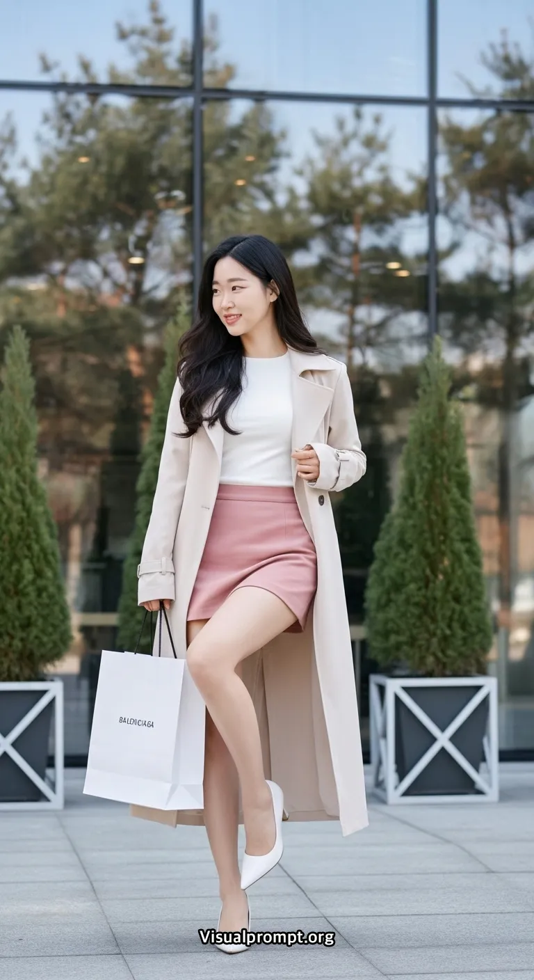Woman pink mini skirt white top dynamic pose city outdoor 6
