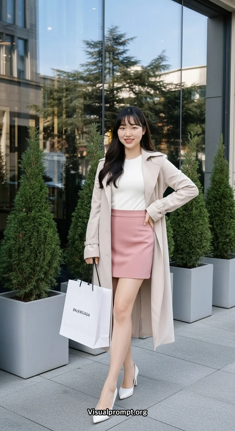 Woman pink mini skirt white top dynamic pose city outdoor 7