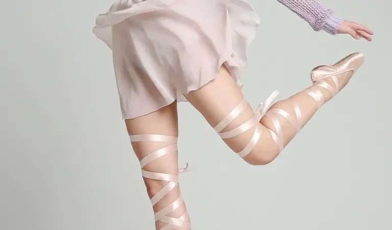 Woman releve pose sheer knit cardigan chiffon mini skirt ballet flats 5