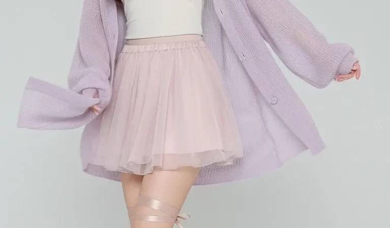 Woman sheer knit cardigan chiffon mini skirt satin ribbons twirl pose copy