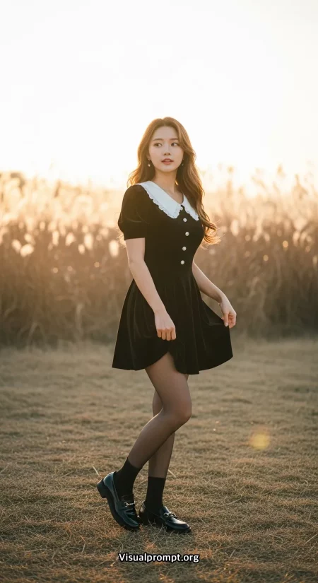 Woman velvet dress open field golden hour autumn look
