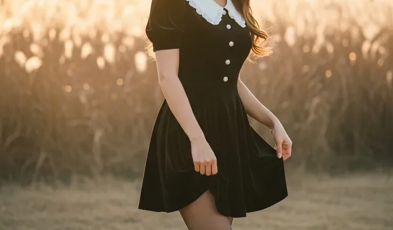 Woman velvet dress open field golden hour autumn look