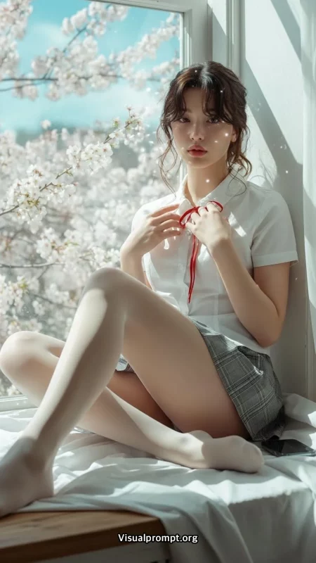 벚꽃 흩날리는 창가, 일본 교복 스타일 착장과 흰색 타이즈 인물 사진