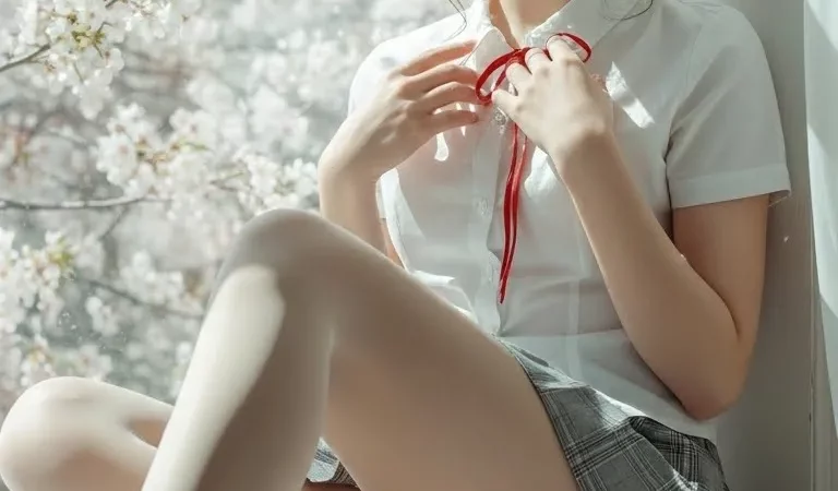 Korean woman pleated mini skirt white tights cherry blossom window