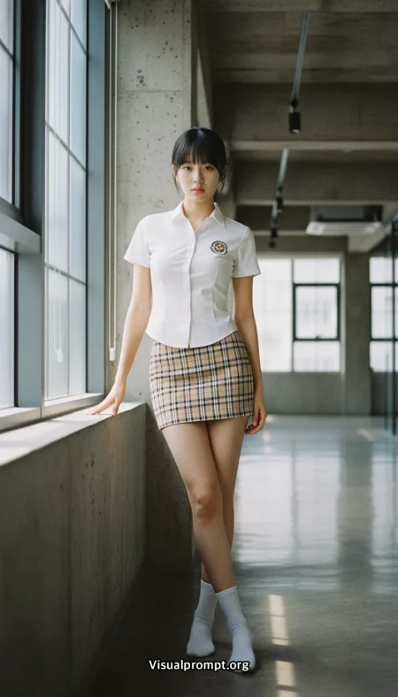 엠블럼 디테일, 체크무늬 H라인 한국 교복 스타일 2