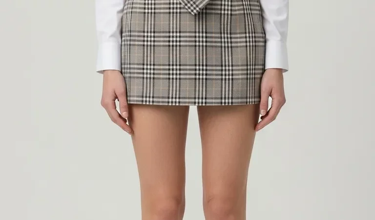 Woman tight plaid mini skirt white shirt onitsuka tiger sneakers